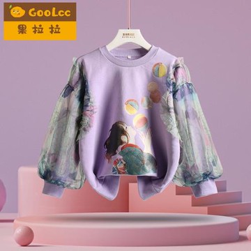 女童衛衣秋裝2025新款春秋季兒童小女孩拼接印花泡泡袖上衣女寶寶