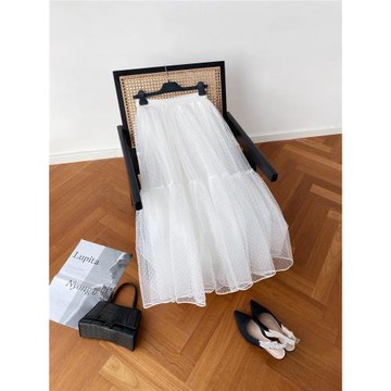 D家小姐網紗裙半身裙女中長款2025夏裝百搭a字裙高腰波點植絨長裙