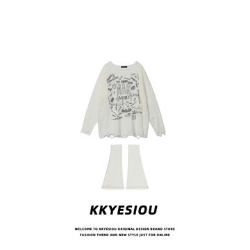 KKyesiou下單送腳套~！辣妹設計感破洞下擺針織毛衣兩件套套裝女