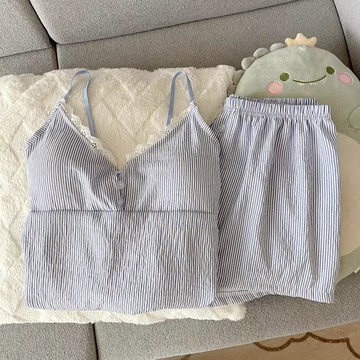 套裝 帶胸墊✨日系條紋吊帶背心睡衣內搭短版上衣顯瘦高腰短褲兩件式套裝家居服 10517
