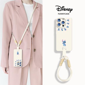 迪士尼適用蘋果16promax手機殼新款斜挎背包式iphone16pro硅膠全包防摔15高級感輕奢女腕帶掛繩創意史迪奇潮
