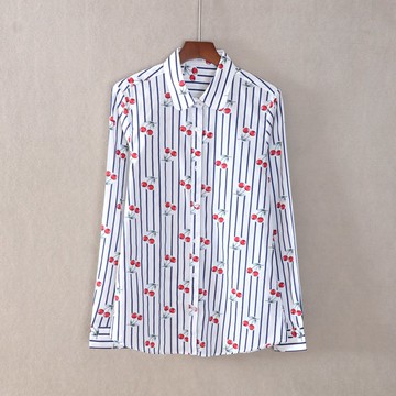 春秋季女裝直筒寬松長袖翻領條紋印花襯衫上衣服氣質潮