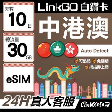LINKGO白鑽卡 中港澳 eSIM卡 10天上網卡 總流量30GB 無速流量 免翻牆可熱點(中港澳網卡 中國 大陸 香港 澳門 虛擬卡)
