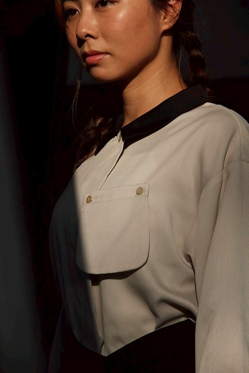 斜袋設計裇衫 - 米色 x 黑色
