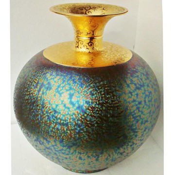 【開運陶源】  (特大大觀瓶)繽紛人生聚寶盆禮品~郭明本錳七彩結晶釉鎏金瓶