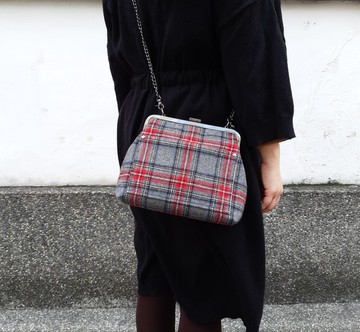 紅灰格毛料 口金包/ 斜背包/ 側背包/ 隨身包