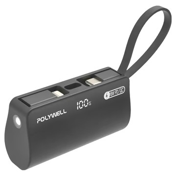POLYWELL 直插隨身行動電源 5000mAh 18W快充 Lightning USB-C自帶線 黑色  PW15-T16-A006