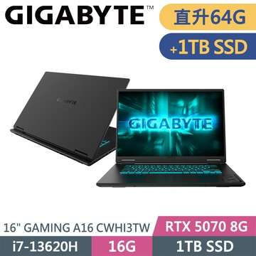 技嘉 GAMING A16 CWHI3TW894SH-SP9 黑(i7-13620H/64G/1TB+1TB/RTX5070 8G/W11/16)特仕筆電