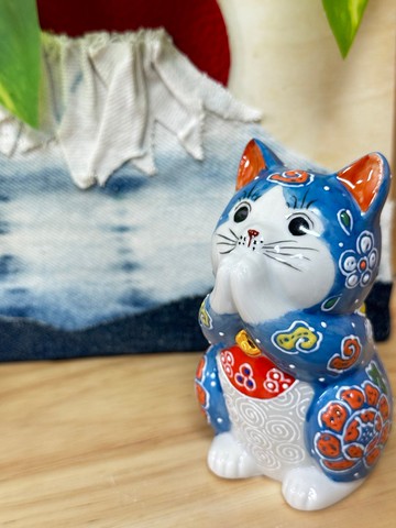 九谷燒 | 祈福猫 青盛 10CM