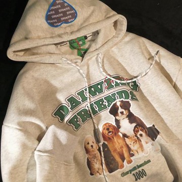 Daiwing 狗狗就是我的好朋友 秋冬男女愛心刺繡連帽情侶寬松衛衣