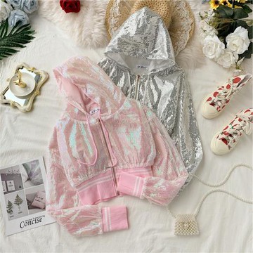 百搭亮片連帽開衫長袖短外套