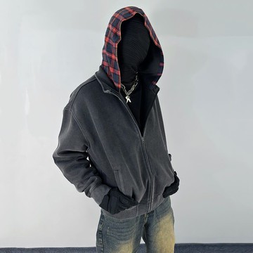 美式印花格子拼接拉鍊連帽大學T男秋冬復古潮流外套男