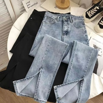 C.shop 小衆設計感 潮流 長褲 顯瘦 休閒網紅百搭褲腳開叉高腰彈力牛仔褲女學生新款微喇叭闊腿長褲夏5