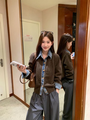 【missy shop】摩卡焙香牛仔拼接針織毛衣開衫-94451