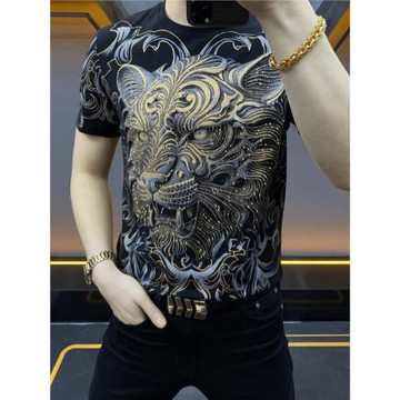 夏季新款高品質輕奢短袖男士圓領百搭燙鉆印花休閑t恤038半袖修身