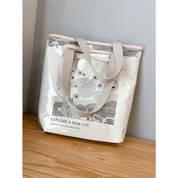 文藝手繪梵高星空透明帆布包包果凍單肩手提袋學生帶拉鏈封口立體