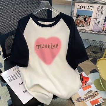 S-3XL春夏純棉心型字母接袖T恤 高品質寬鬆棒球袖拼接上衣(白.淺灰)中大碼女裝-凱西娃娃