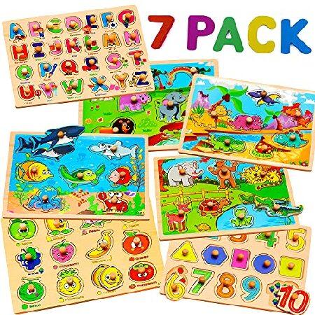 GRINNNIE Wooden Peg Puzzle for Toddlers 2 3 4 Years Old, 4 PCS Montessori  Educational Learning Puzzles Set-Numbers, Letters, Animals and Fruits,  Great