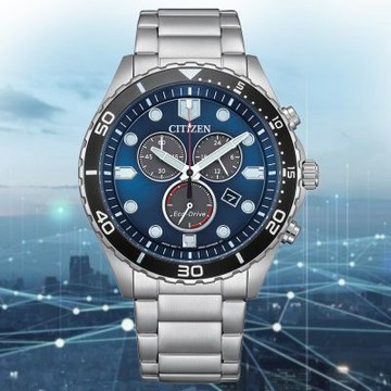 CITIZEN 星辰 Chronograph 光動能 計時碼錶 三眼男錶 藍面 送禮 禮物 推薦 AT2560-84L