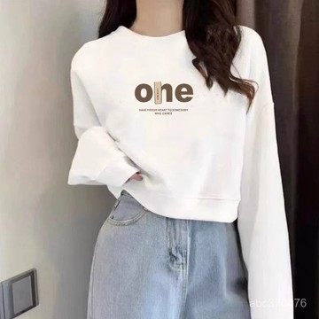 免運  小個子百搭! 春秋款 短版 衛衣女 新款 寬鬆 高腰 圓領長袖衛衣 ins 大學T 短板長袖
