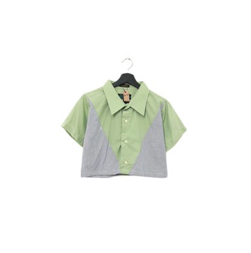 Back to Green-再製短板拼接襯衫 綠黑白紋 dv-43//vintage shirt