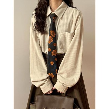 ECOK2025日系復古寬松潮牌純色百搭疊穿學生長袖襯衫上衣女設計感