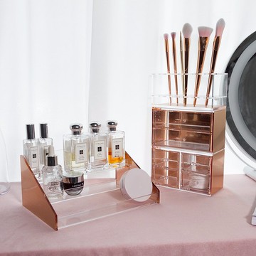 【女友禮物】玫瑰金/美妝收納四件組(刷具架+二+四格抽屜+香水架)