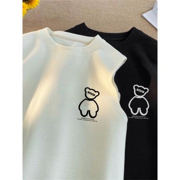 華夫格背心男夏季休閑運動籃球坎肩小熊印花無袖t恤薄款寬松上衣