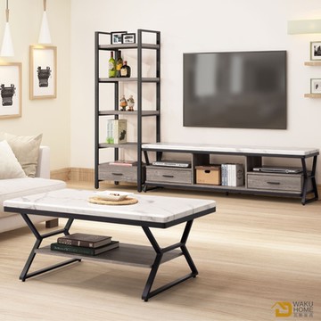 WAKUHOME 瓦酷家具 傑恩斯灰橡木簡約 8尺L電視櫃+3.6尺大茶几(仿石面桌面) 240*40*176cm