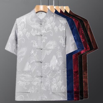 中國風唐裝男中老年冰絲短袖上衣中式休閑襯衫夏季寬松加大碼漢服