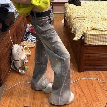 美式復古水洗做舊潑墨牛仔褲男女高街潮牌寬鬆休閒百搭闊腿彎刀褲 顯瘦長褲 原宿風 梨形身材