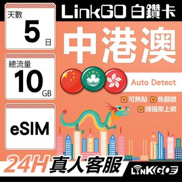 LINKGO白鑽卡 中港澳 eSIM卡 5天上網卡 總流量10GB 無限流量 免翻牆可熱點(中港澳網卡 中國 大陸 香港 澳門 虛擬卡)