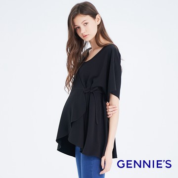 Gennies奇妮 假兩件式雪紡哺乳上衣(黑T3H08)