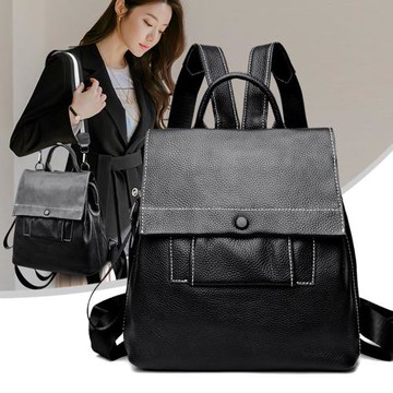 Sp house 獨特設計真皮女款多夾層後背包(黑色)