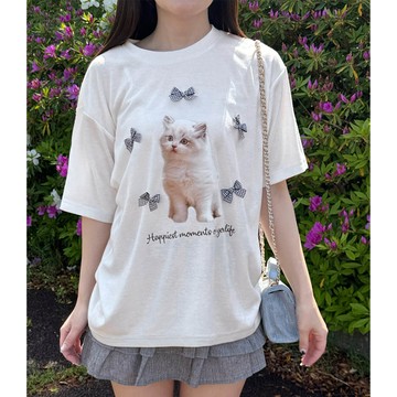日本 GRL - 蝴蝶結裝飾可愛印花T恤-萌萌小貓-白 (F)