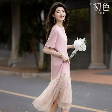 初色 法式簡約優雅風寬鬆拼接圓領荷葉邊裙襬短袖中長連衣裙連身洋裝-皮粉色-13170(M-2XL可選)