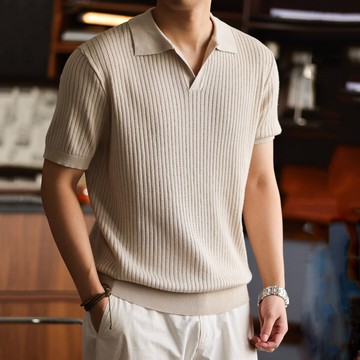 Wuluwear 直條鏤空針織V領短袖上衣男老錢風寬鬆265g翻領POLO衫夏