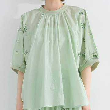 日本 Lupilien - 100%印度棉 優美植物刺繡大寬袖上衣-薄荷