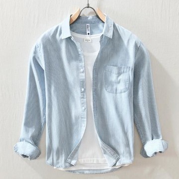 春秋男長袖條紋襯衫復古休閑翻領襯衣文藝青年工裝寸衫衣潮男上衣