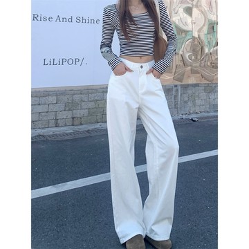 【太妮絲SA03】現貨 純白色 高腰 直筒褲 落地寬褲 韓系百搭長褲 厚磅挺版 丹寧質感褲 牛仔長褲 牛仔褲 白色長褲