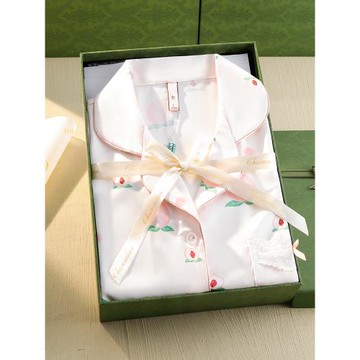 水蜜桃睡衣女夏新款冰絲短袖長褲三件套生日禮物禮盒送閨蜜春夏天