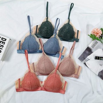 歐美新款性感蕾絲內衣女無鋼圈純欲薄棉三角杯聚攏文胸套裝胸罩女