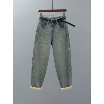 復古淺藍色高腰哈倫牛仔褲女2024秋冬新款加絨加厚寬松休閑蘿卜褲