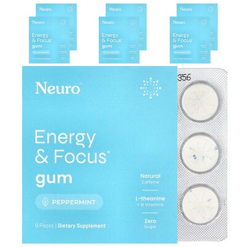 NeuroGum, 能量和專注力，薄荷味，6 包，每包 9 片