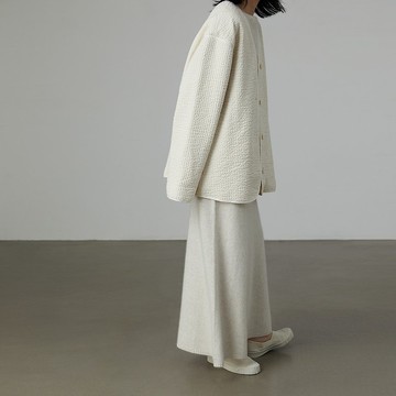 象牙白立體條紋棉羊毛V領開襟厚外套 杲果GAOGUO原創設計師女裝