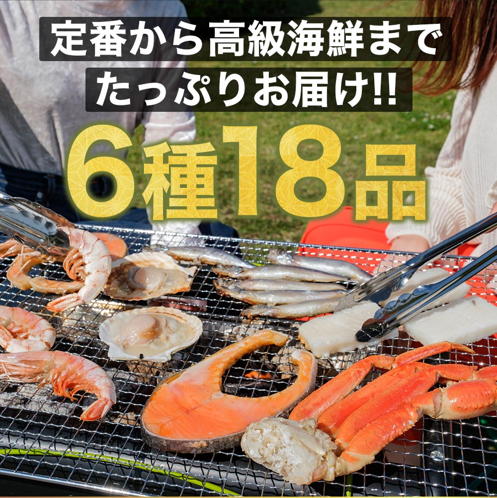 豪華ズワイガニ入り 海鮮バーベキューセット 厳選6種18品 蟹 海老 ほたて サーモンステーキ イカ ししゃも 海の幸 詰め合せ BBQ セット 盛り合わせ