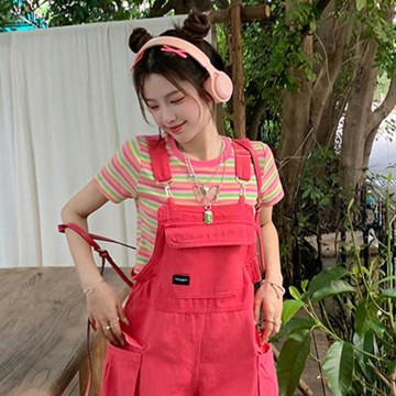 多巴胺鏤空蝴蝶條紋短款上衣背帶褲內搭修身正肩短袖T恤女孩