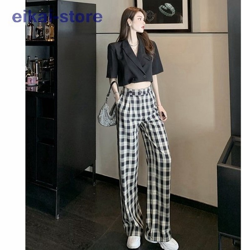 ワイドパンツ ボトムス レディース チェックパンツ チェック柄 パンツ カジュアル ゆったり 春 秋 ストレートパンツ 韓国 ファッション 通販 Lineポイント最大get Lineショッピング