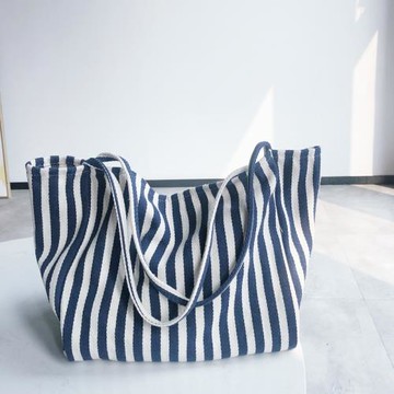 韓國簡約條紋大容量帆布包 chic文藝小清新帆布包百搭單肩大包包