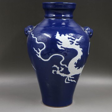 元祭藍留白刻云龍紋狗頭罐手工仿古老貨瓷器家居裝飾擺件古董古玩1入